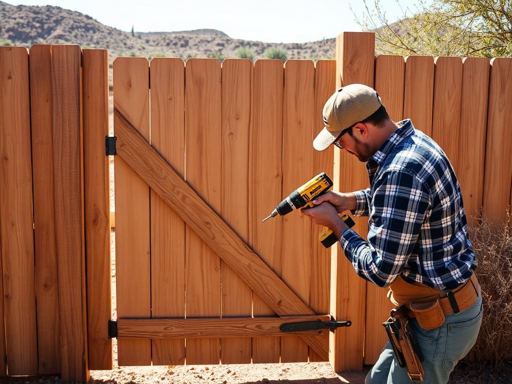 Handyman drilling a repaired wooden backyard gate back onto its post at a Las Vegas home — Fence & Gate Repair in Enterprise, Las Vegas
