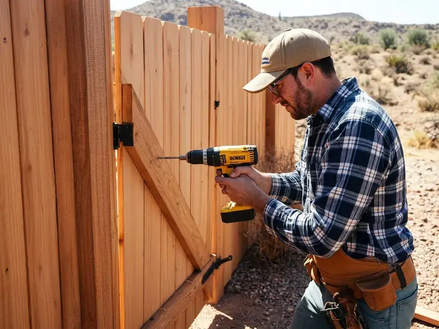 Handyman repairing a wooden backyard fence gate with a drill at a Las Vegas home