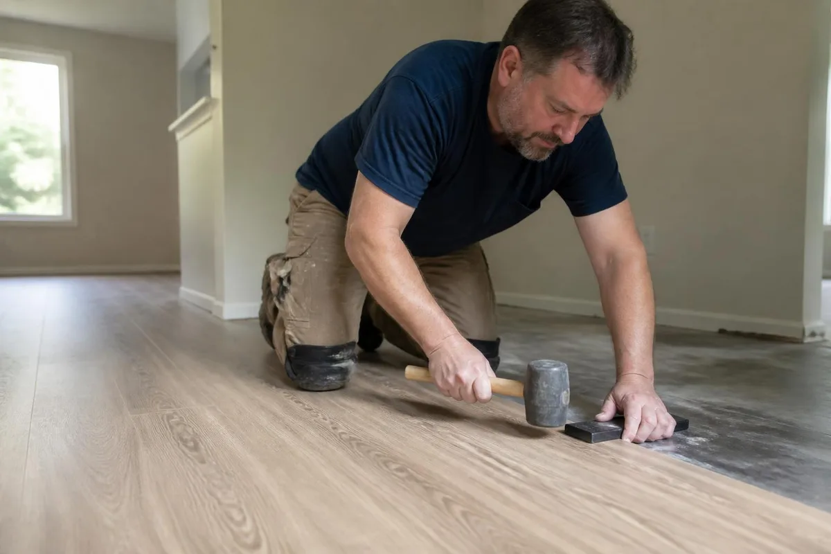 Installer laying luxury vinyl plank flooring in a Las Vegas living room
