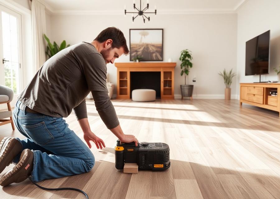Installer laying luxury vinyl plank flooring in a Las Vegas living room