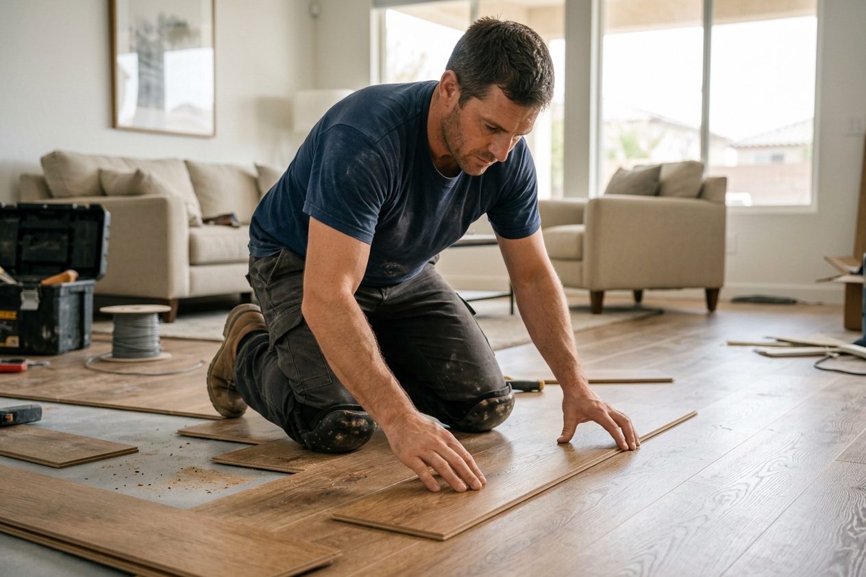 Installer laying luxury vinyl plank flooring in a Las Vegas living room
