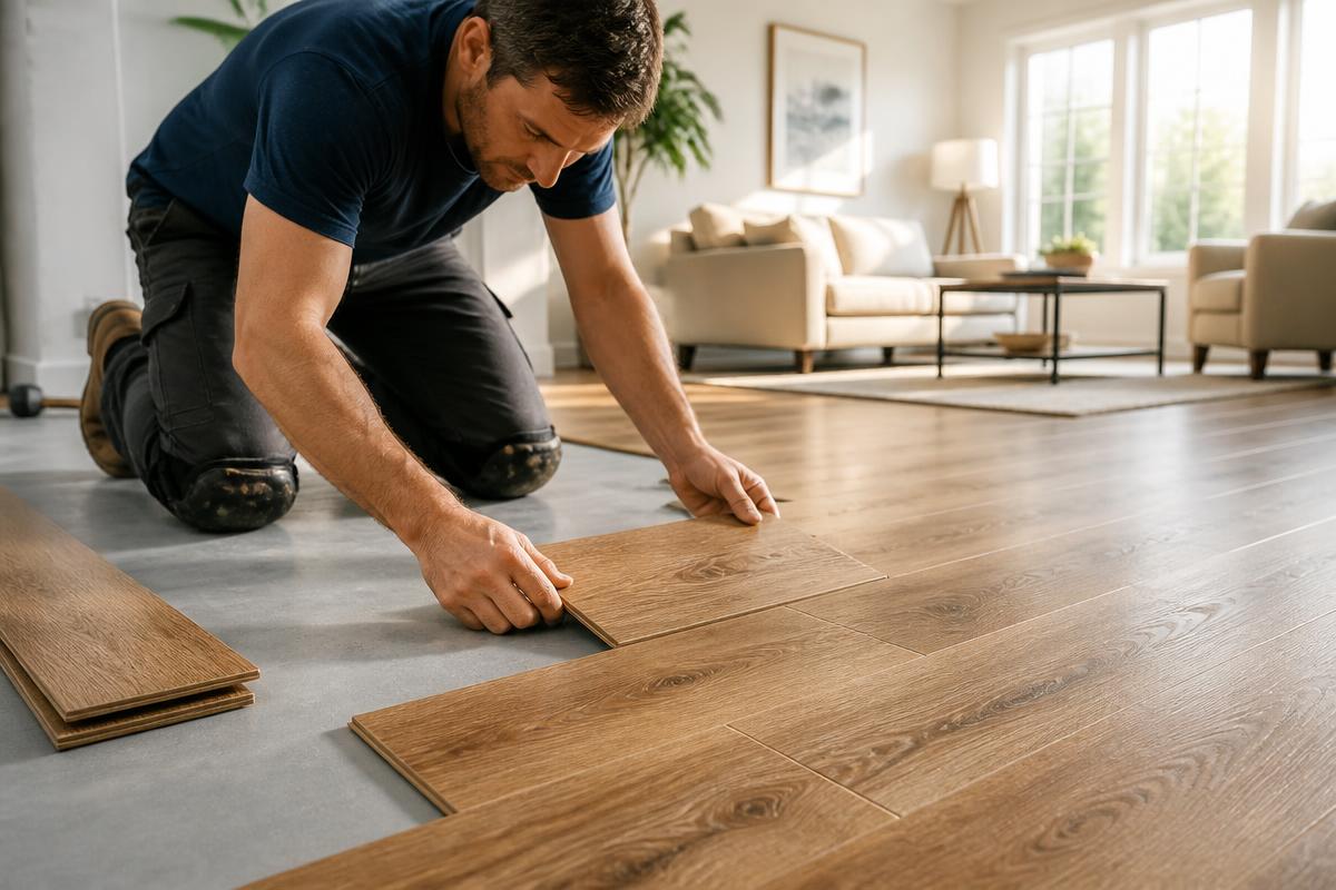 Installer laying luxury vinyl plank flooring in a Las Vegas living room