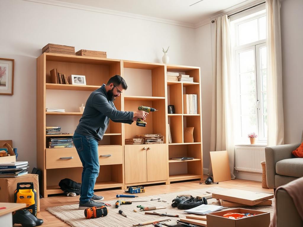 Handyman assembling a flat-pack bookshelf with a power drill in a Las Vegas living room — Furniture Assembly in Spring Valley, Las Vegas