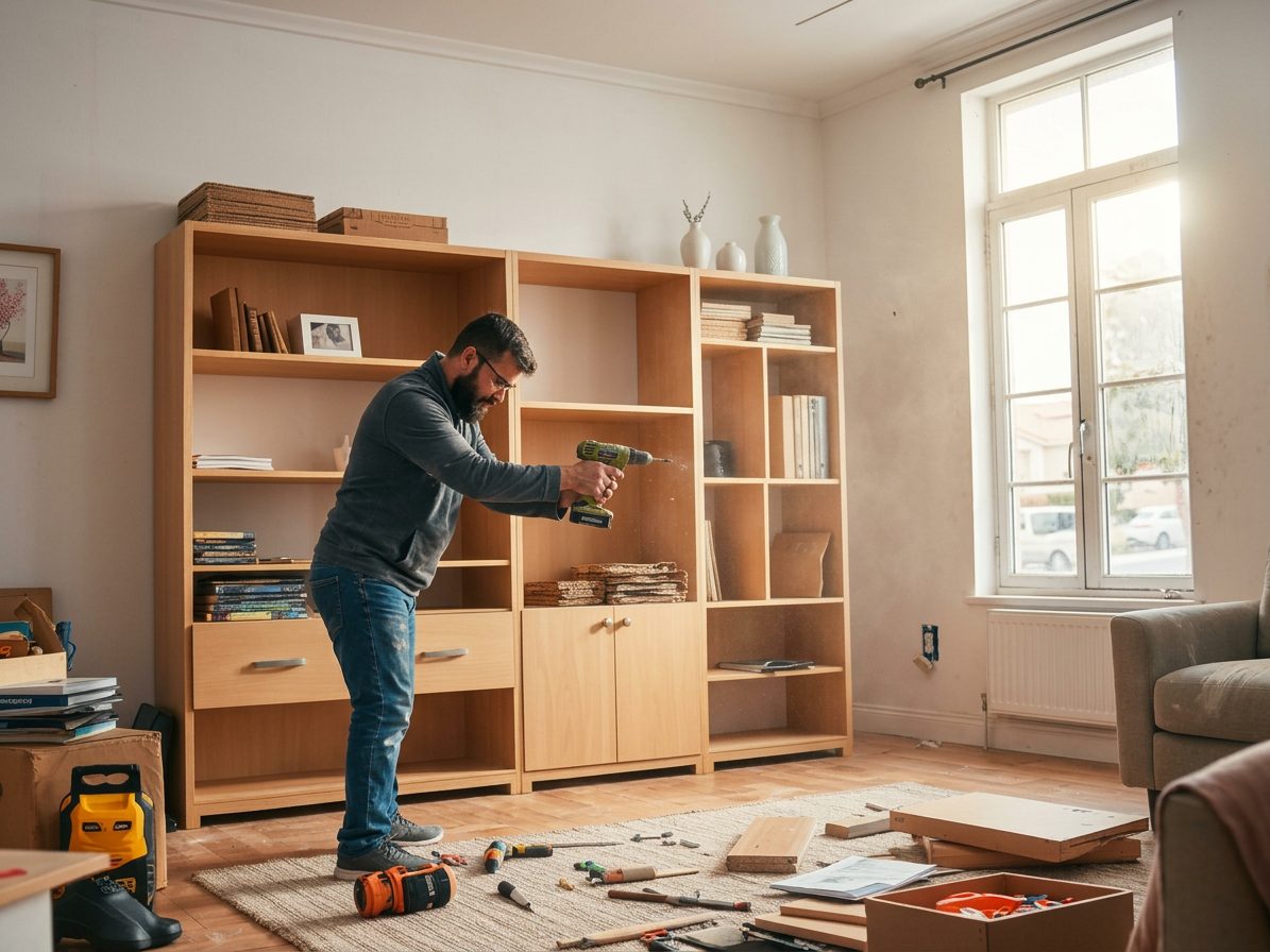 Handyman assembling a flat-pack bookshelf with a power drill in a Las Vegas living room