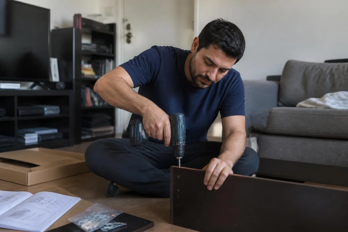 Handyman assembling a flat-pack bookshelf with a power drill in a Las Vegas living room