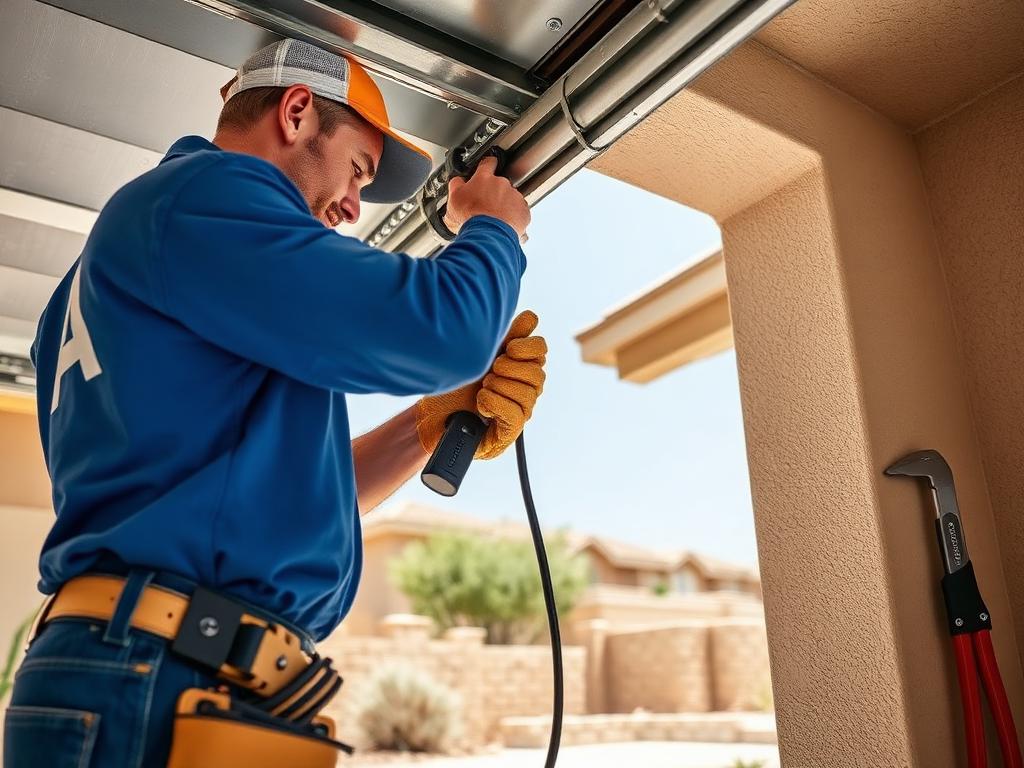 Handyman servicing a residential garage door track at a Las Vegas home