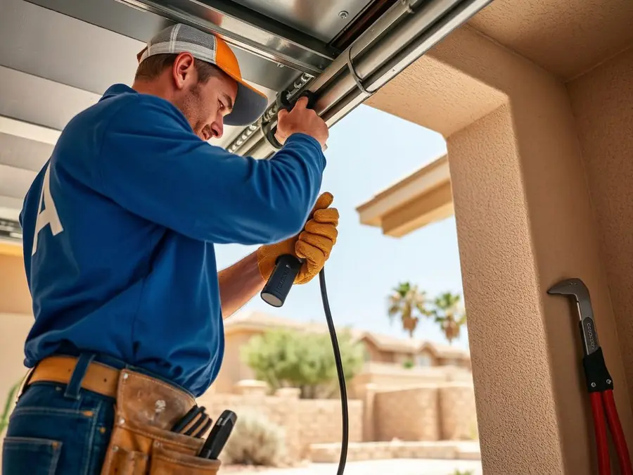 Handyman servicing a residential garage door track at a Las Vegas home