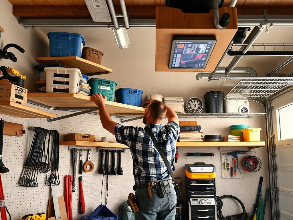Handyman installing garage wall shelving and overhead storage racks in a Las Vegas garage