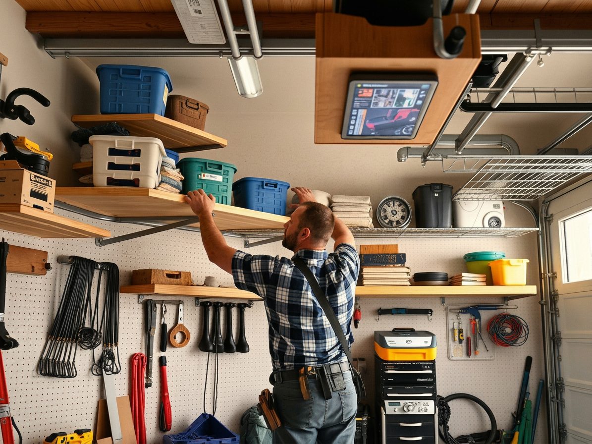 Handyman installing garage wall shelving and overhead storage racks in a Las Vegas garage