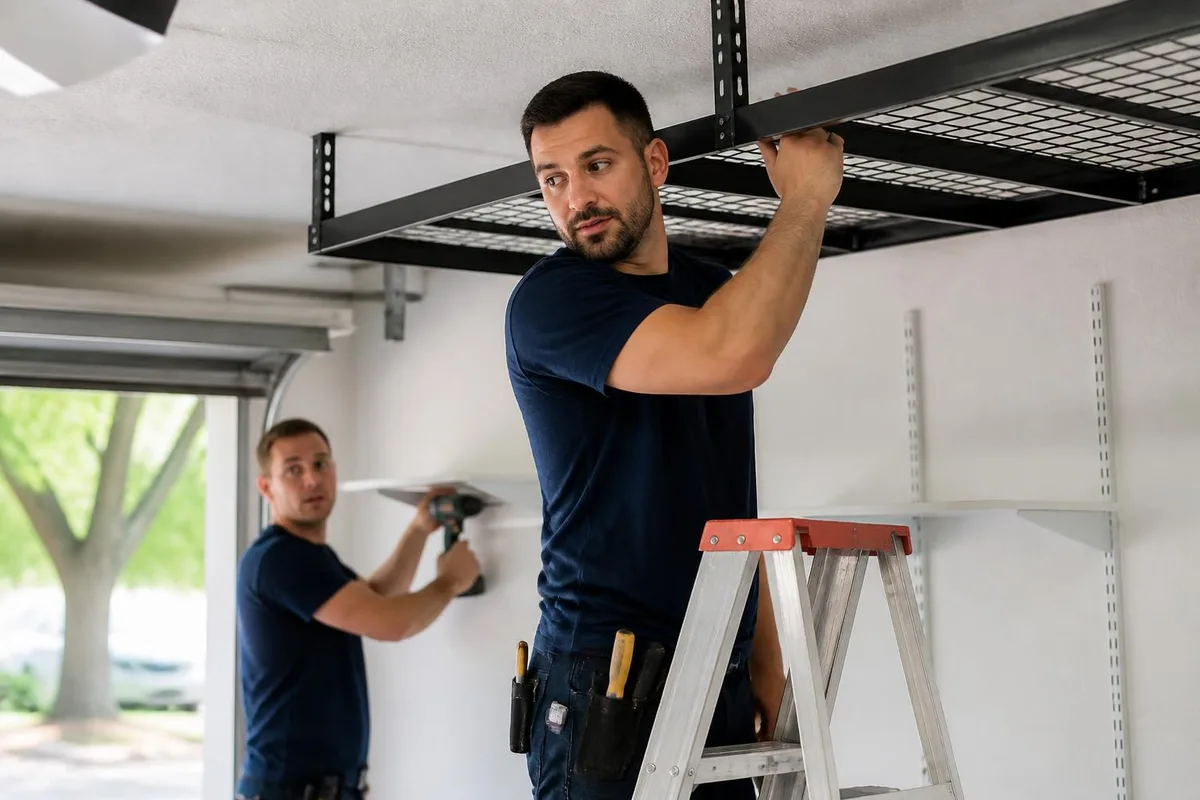 Handyman installing garage wall shelving and overhead storage racks in a Las Vegas garage