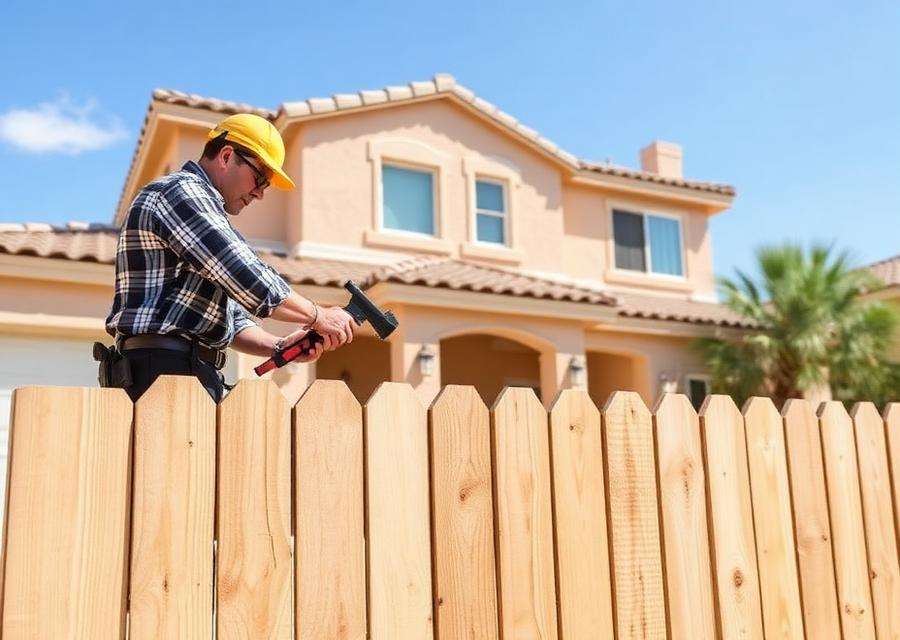 Handyman repairing a wooden fence at a Las Vegas home