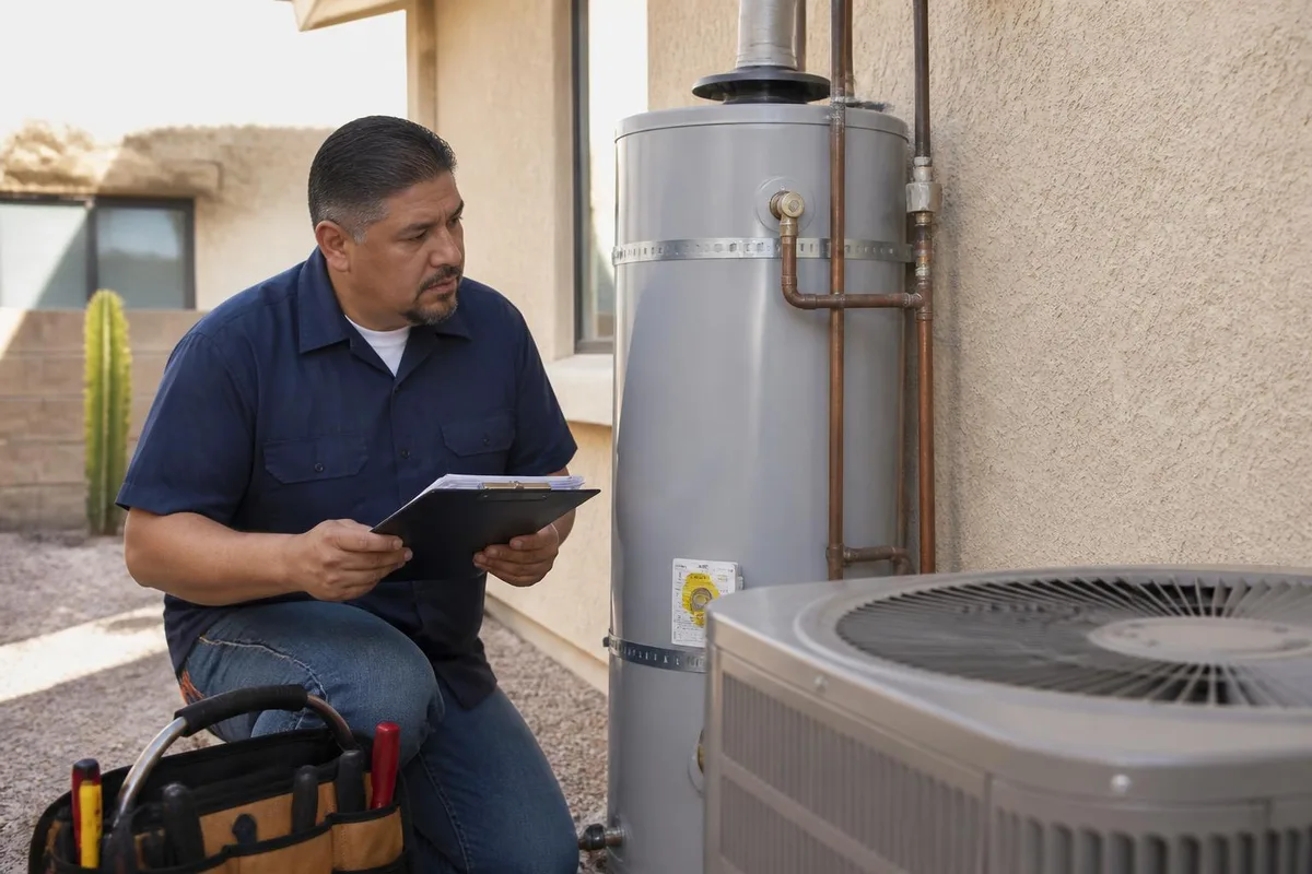 Handyman checking a water heater and AC unit during a Las Vegas home maintenance visit