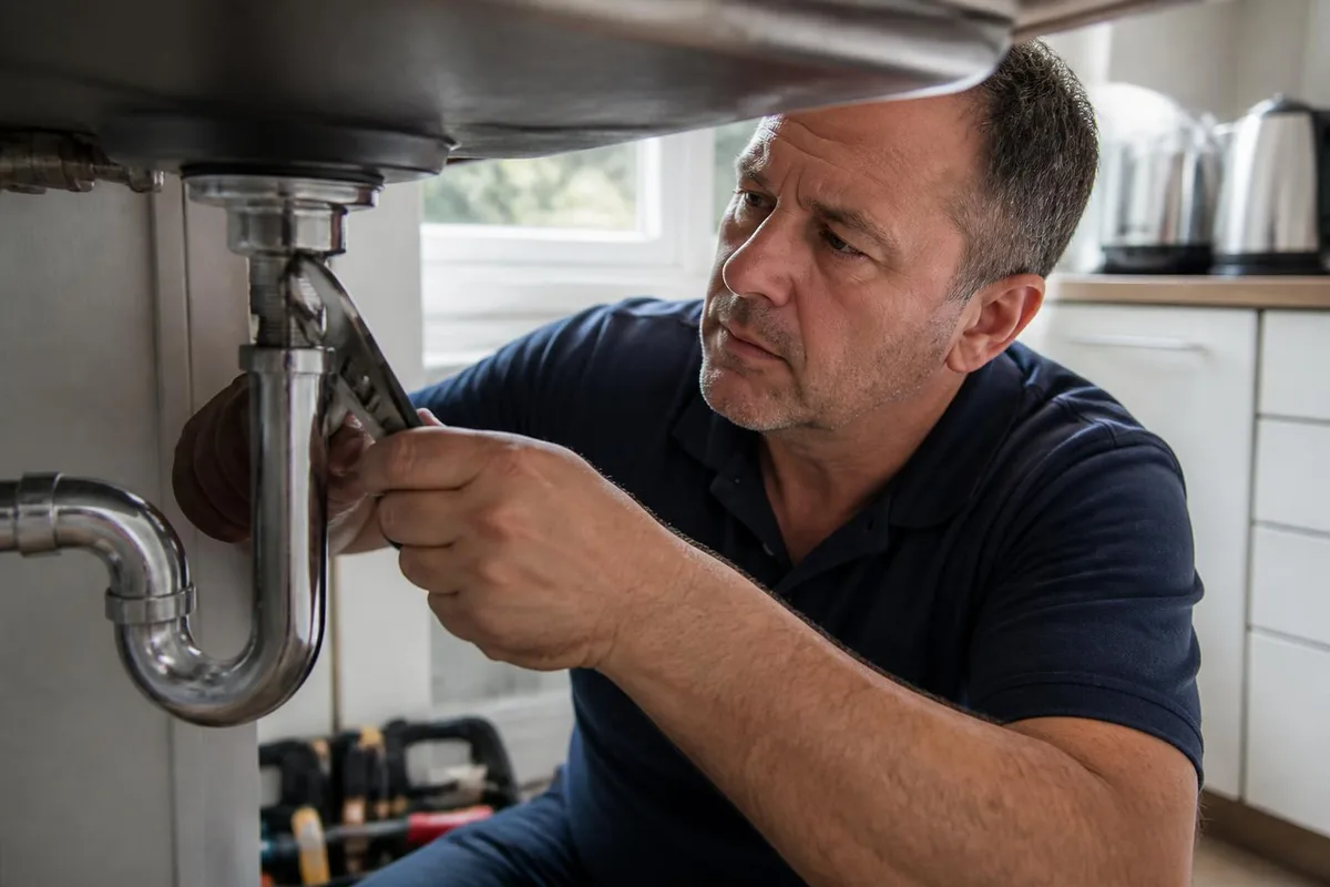 Handyman installing a chrome kitchen faucet in a Las Vegas home