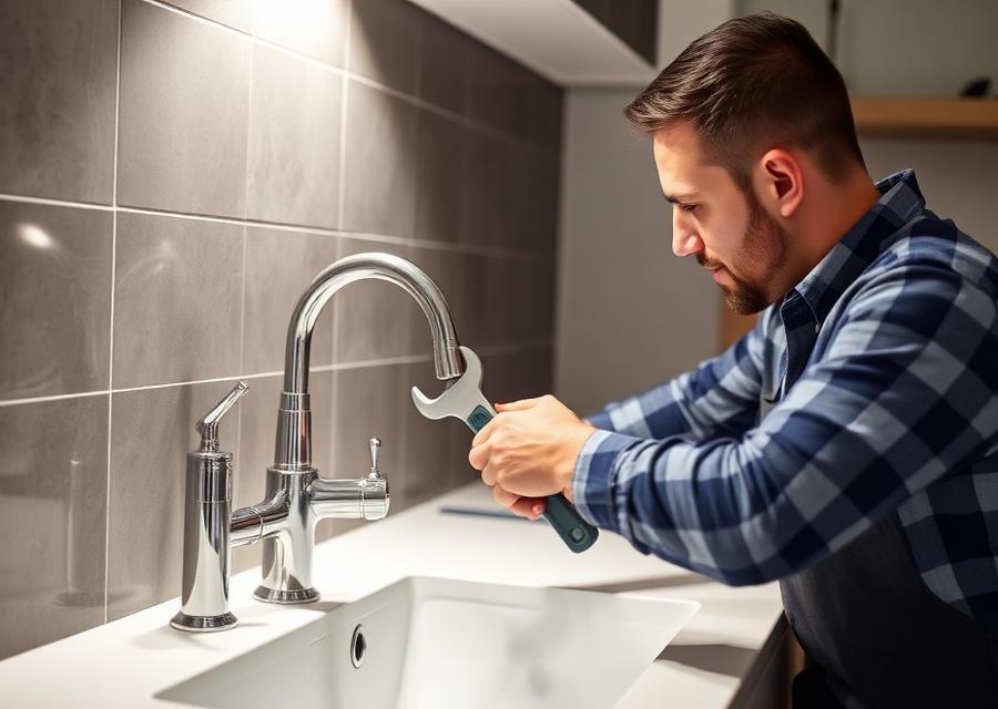 Handyman installing a chrome kitchen faucet in a Las Vegas home