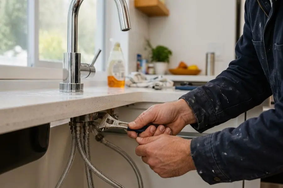 Handyman installing a chrome kitchen faucet in a Las Vegas home