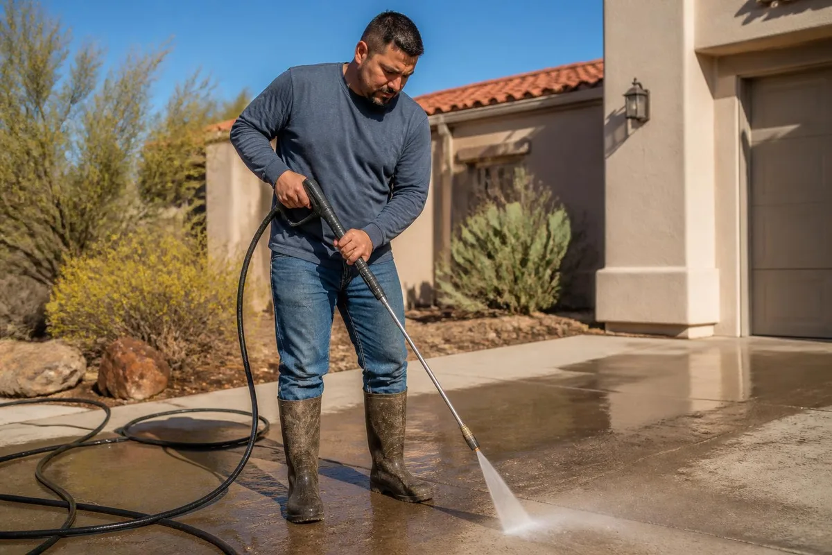Worker pressure washing a concrete driveway at a Las Vegas desert home