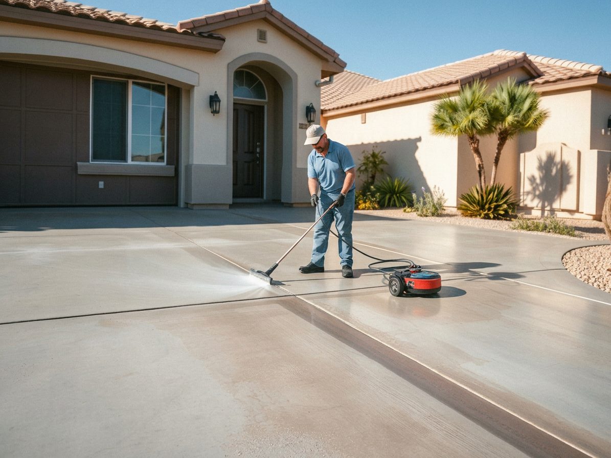 Worker pressure washing a concrete driveway at a Las Vegas desert home