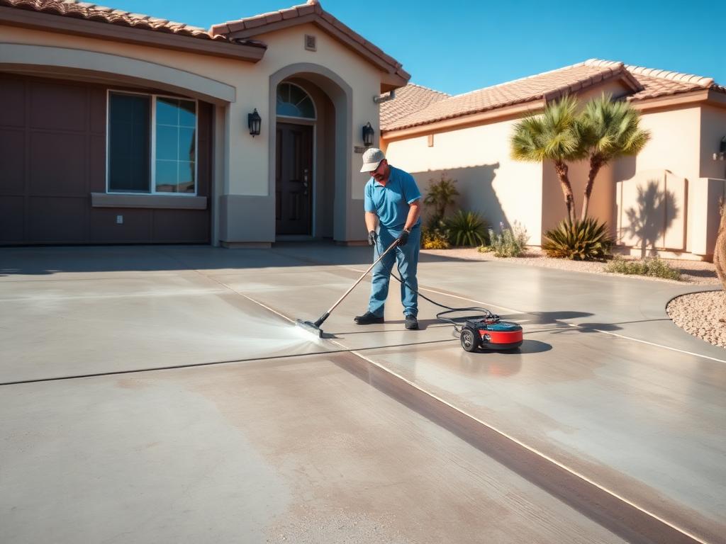 Worker pressure washing years of grime off a concrete driveway at a Las Vegas desert home — Pressure Washing in Henderson, Las Vegas