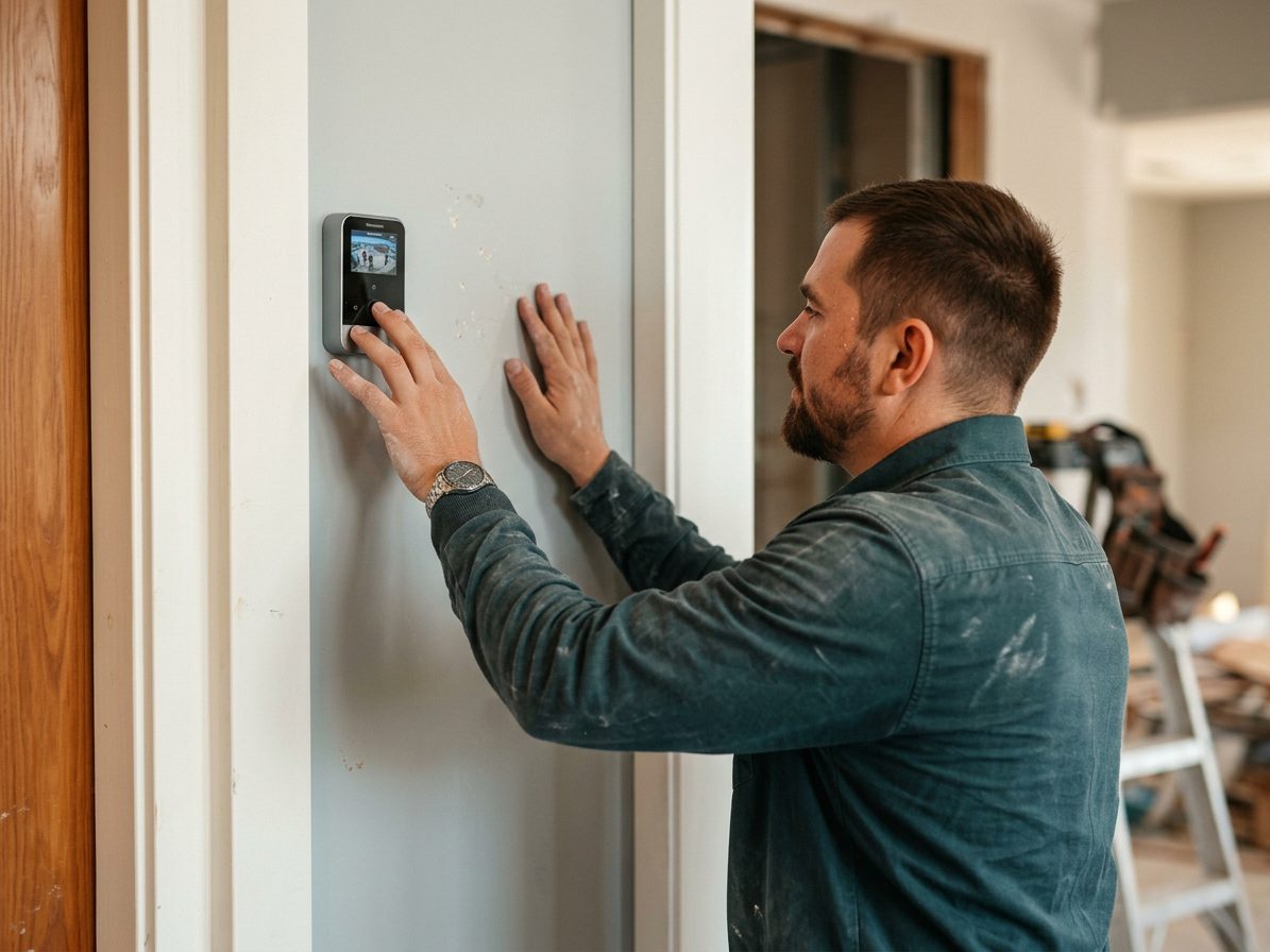 Technician installing a smart video doorbell on a Las Vegas home entryway