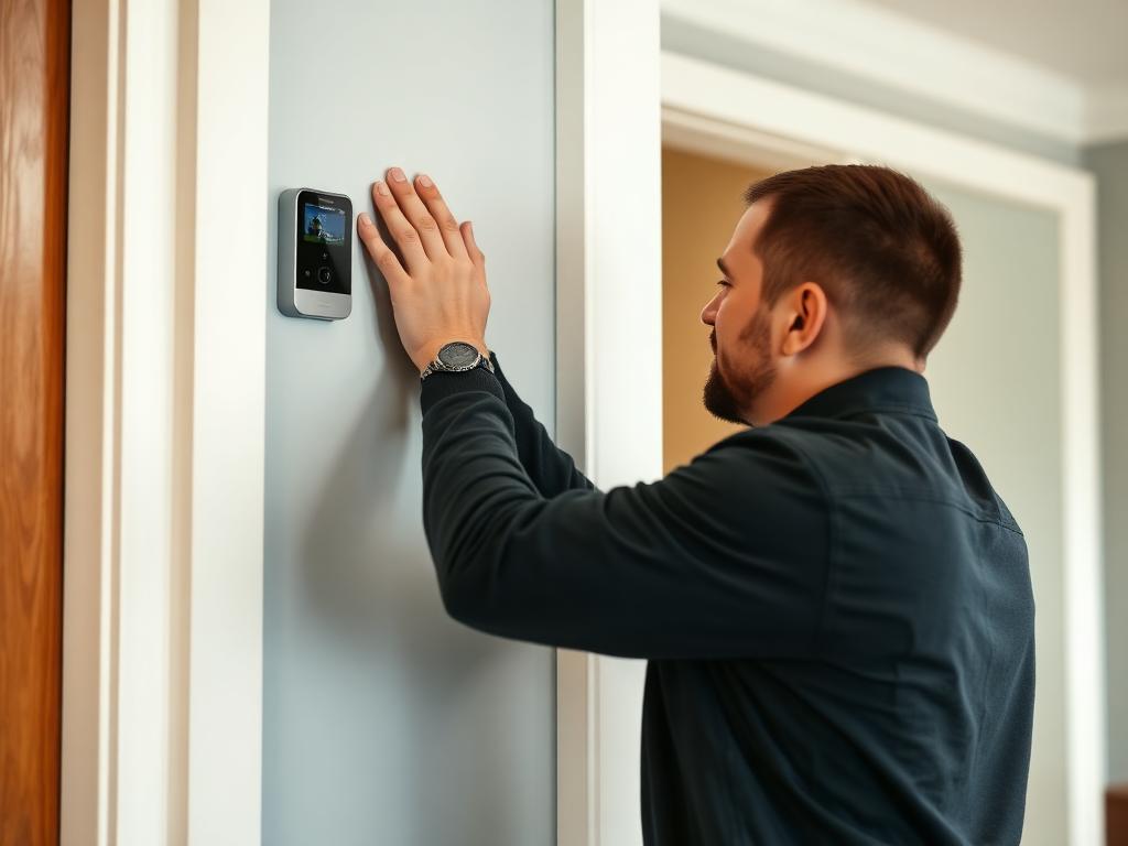 Technician installing a smart video doorbell on a Las Vegas home entryway
