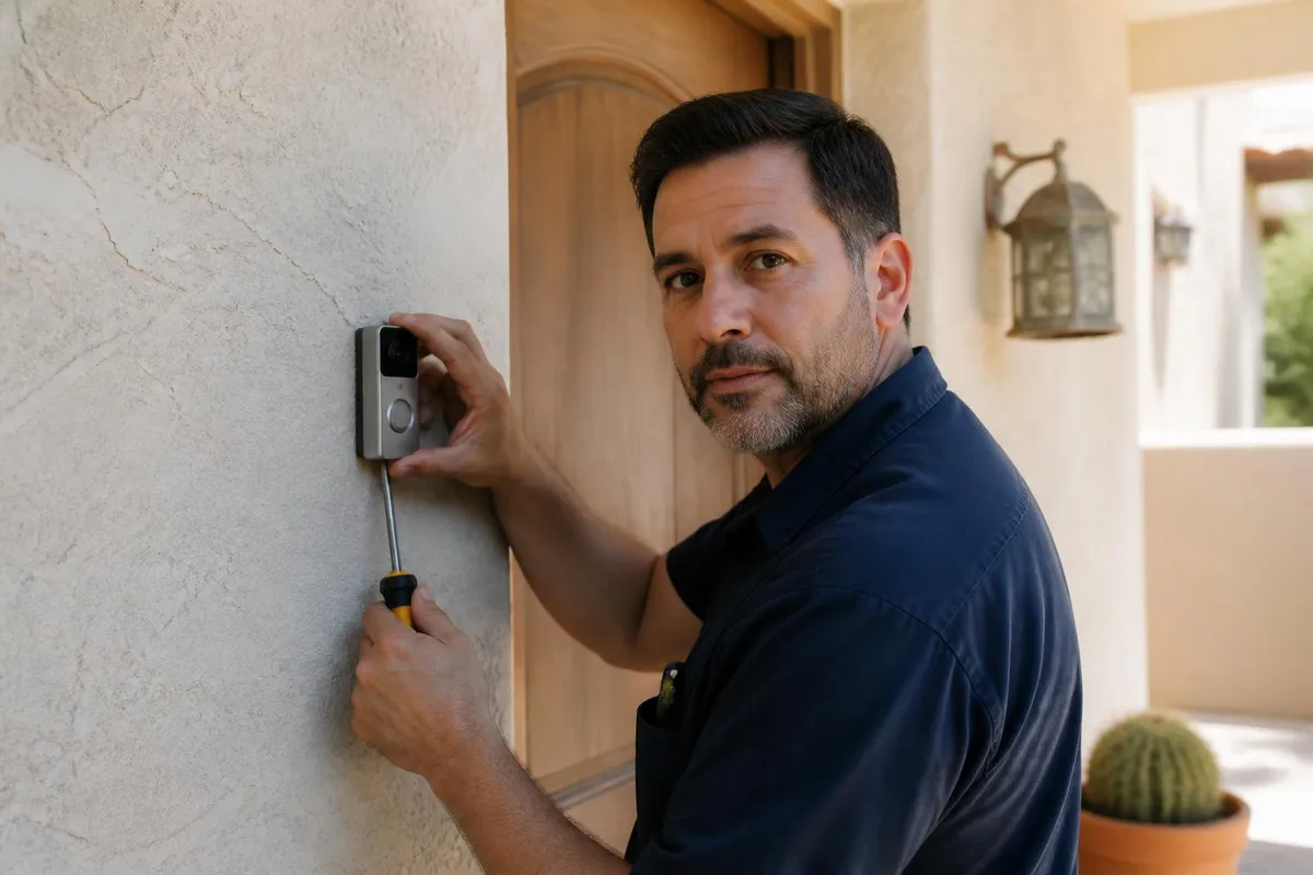 Technician installing a smart video doorbell on a Las Vegas home entryway