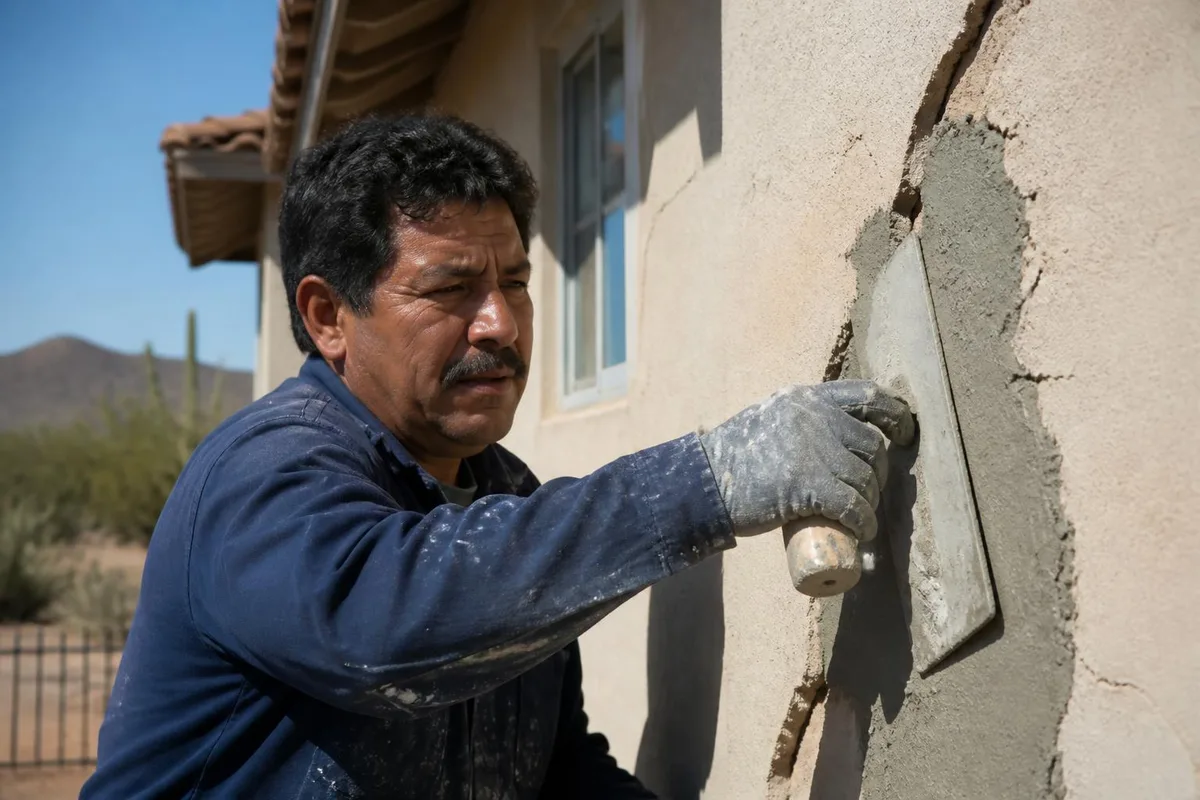 Worker patching cracked stucco on the exterior wall of a Las Vegas desert home