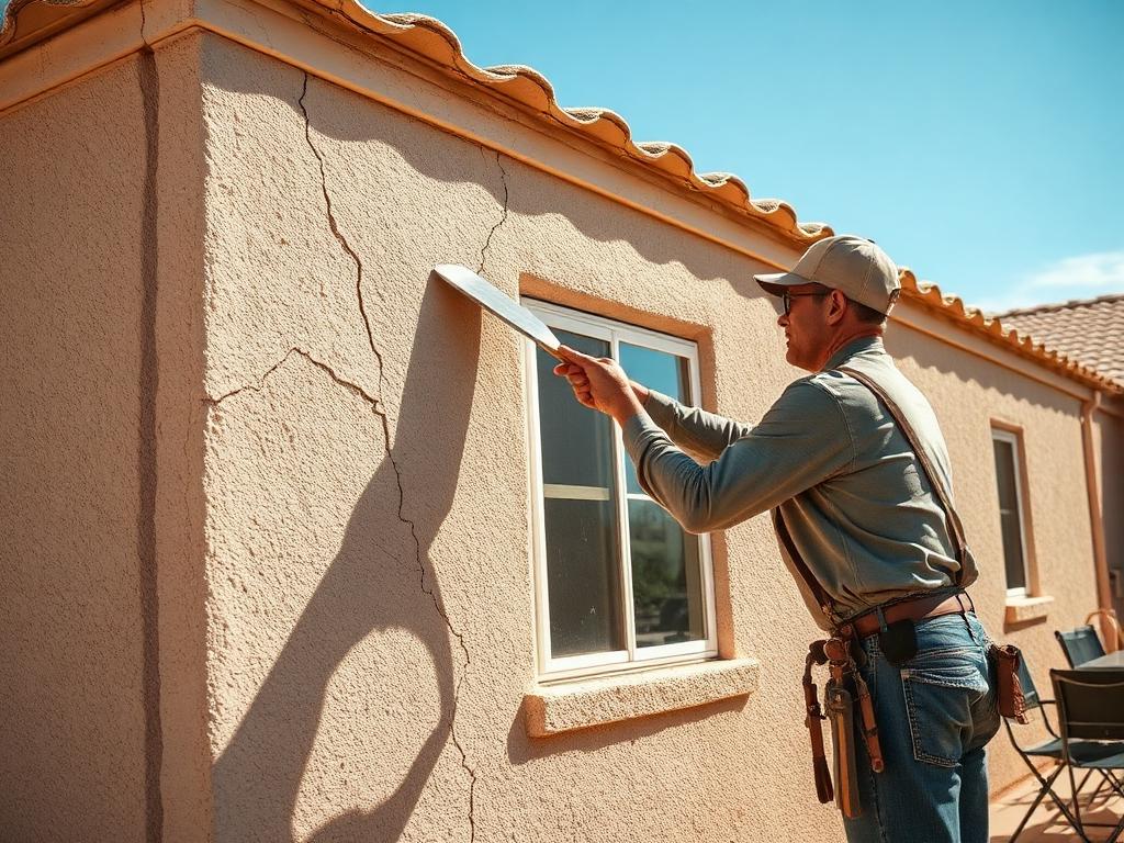 Worker patching cracked stucco on the exterior wall of a Las Vegas desert home