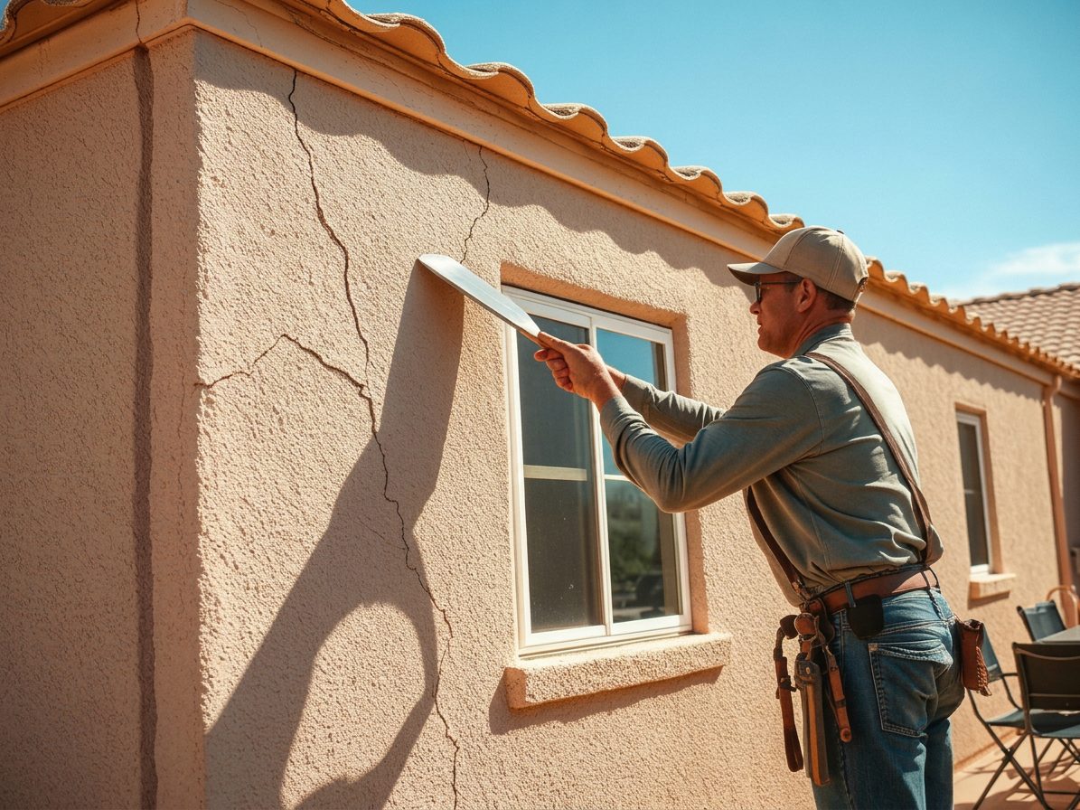 Worker patching cracked stucco on the exterior wall of a Las Vegas desert home