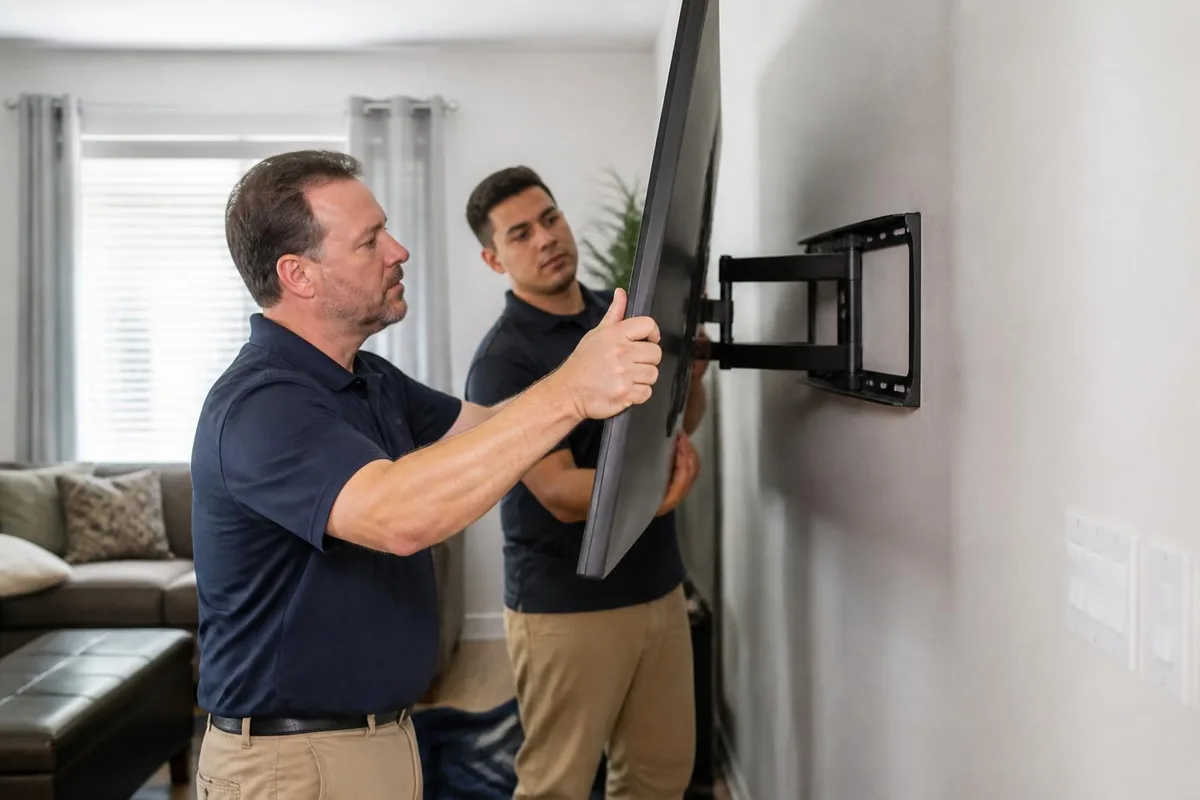 Handyman mounting a large flat screen TV on a living room wall in Las Vegas