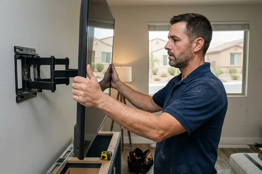 Handyman mounting a large flat screen TV on a living room wall in Las Vegas