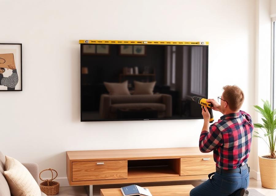Handyman mounting a large flat screen TV on a living room wall in Las Vegas
