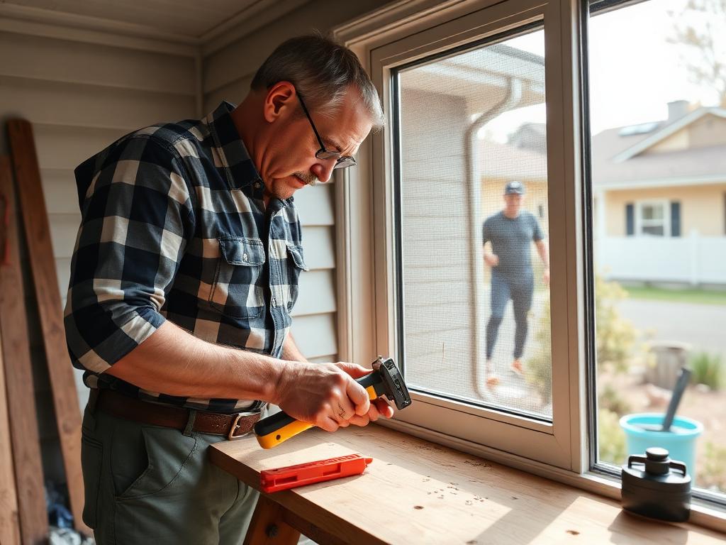 Handyman replacing a window screen with a spline roller at a Las Vegas home