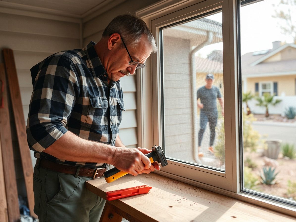 Handyman replacing a window screen with a spline roller at a Las Vegas home