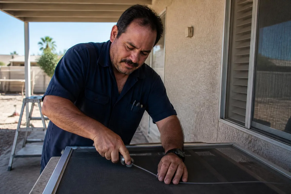 Handyman replacing a window screen with a spline roller at a Las Vegas home