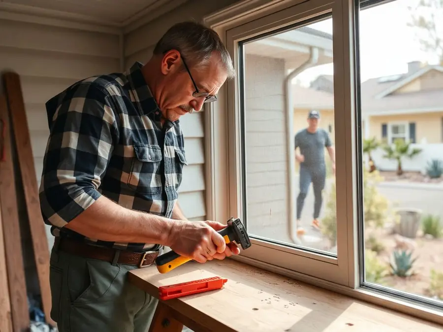 Handyman replacing a window screen with a spline roller at a Las Vegas home