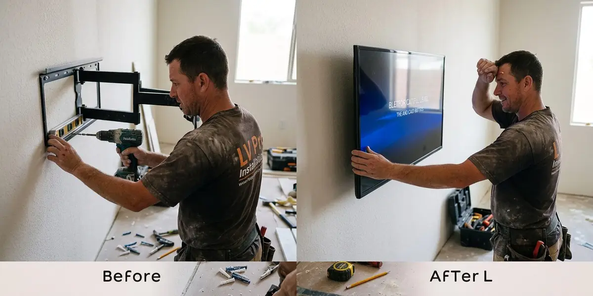 Before and after TV mounting in Centennial Hills Las Vegas — crooked loose TV bracket rebuilt into studs with the flat-screen releveled and tight.