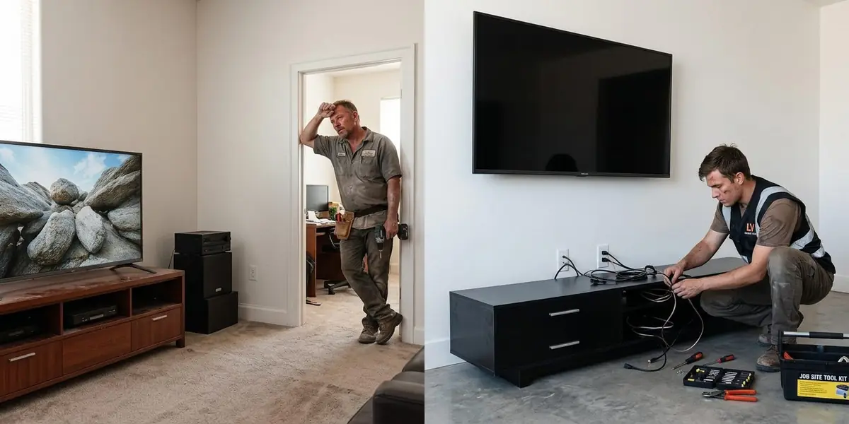 Before and after TV mounting in Green Valley Las Vegas — bulky corner TV setup replaced with a sleek flush wall-mounted flat-screen.